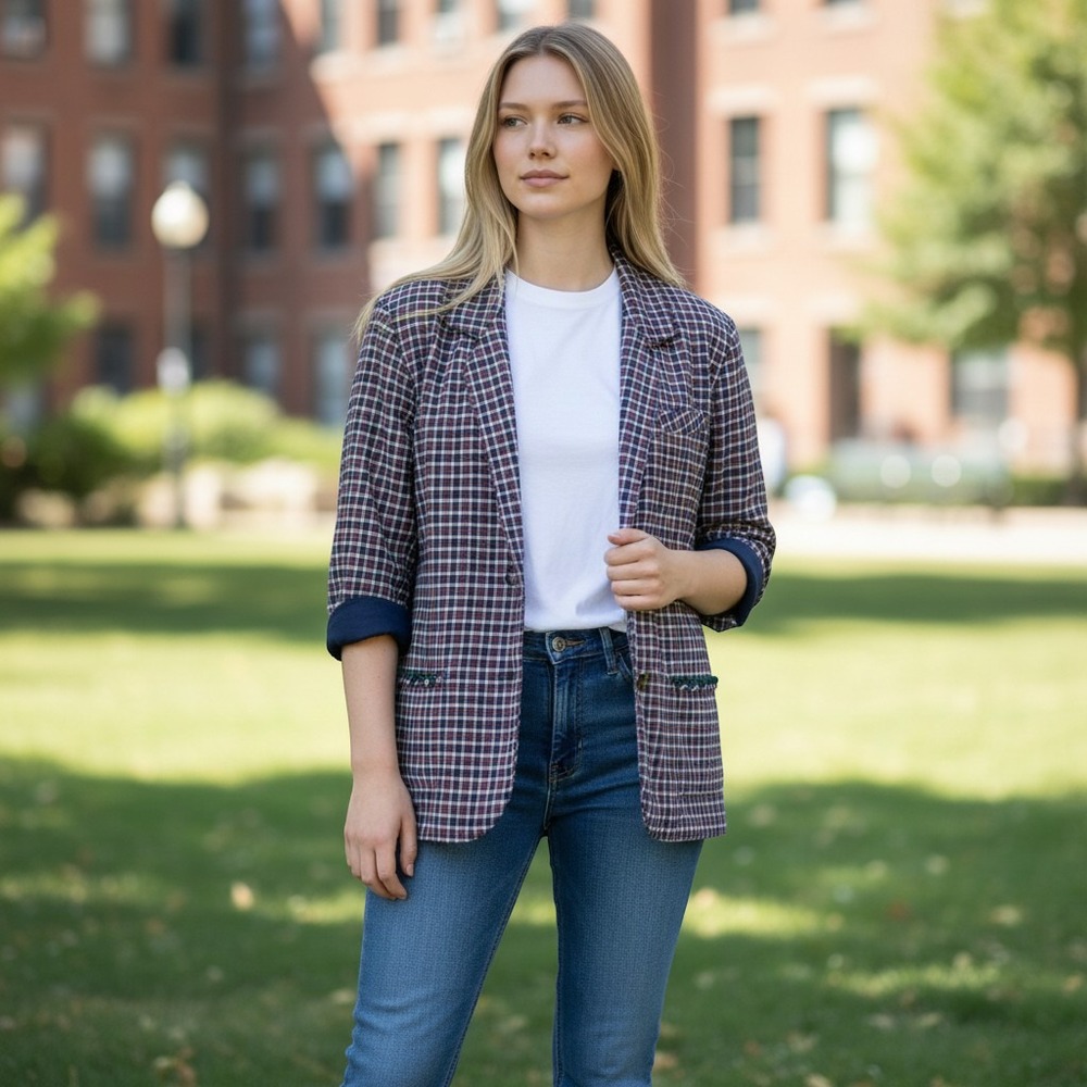 VTG Keren Hart Womens M Plaid 100% Cotton Blazer 80s 90s Preppy Academia